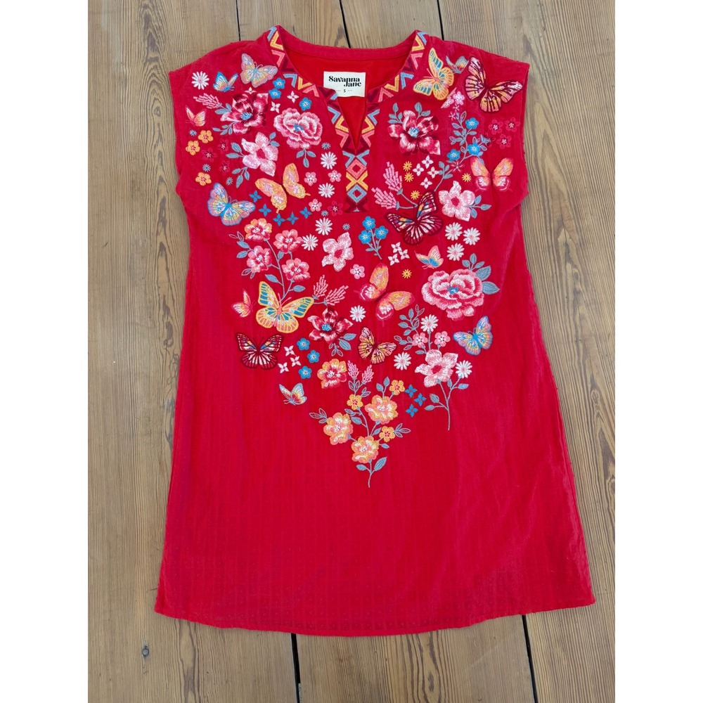Savanna Jane Womens Red Floral Butterfly Embroidered V Neck Cap Sleeve Dress S